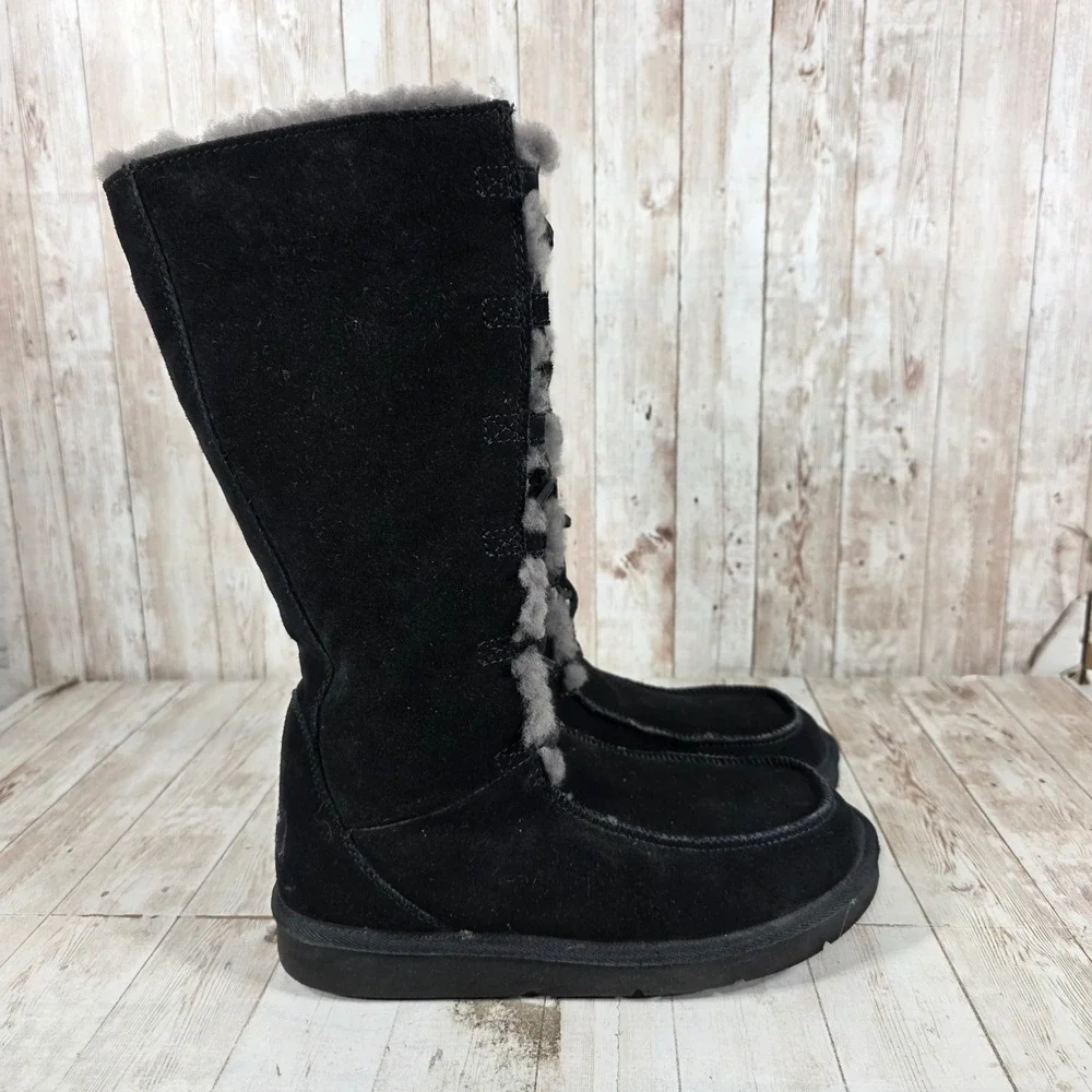 UGG Australia Sundance II Black Suede Sheepskin Lace Up Tall Boots 5230 Womens 8